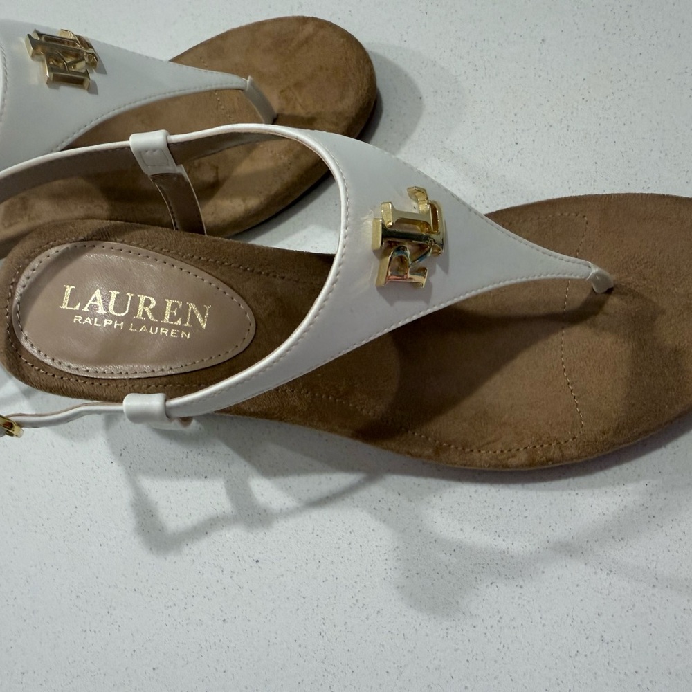 Lauren Ralph Lauren White and Tan Sandals with Gold Accents